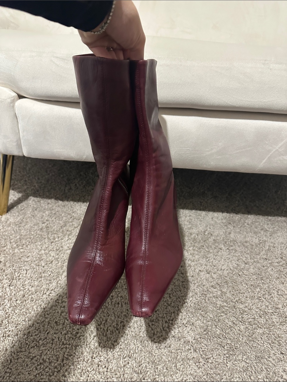 Zara Women's Pointed Kitten-Heel Mid-Calf Boots in Burgundy